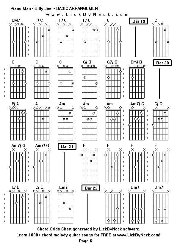 Chord Grids Chart of chord melody fingerstyle guitar song-Piano Man - Billy Joel - BASIC ARRANGEMENT,generated by LickByNeck software.